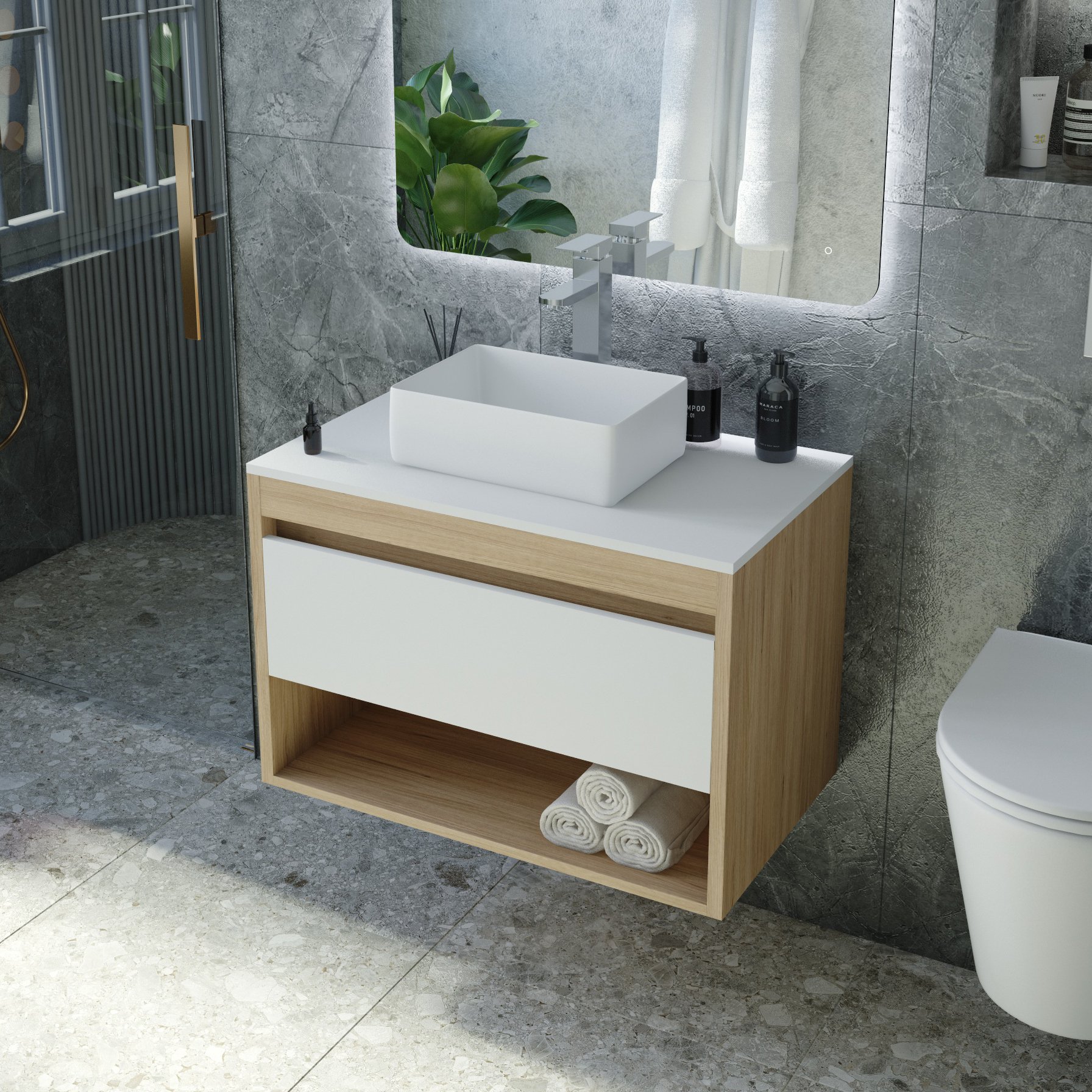 

Тумба с раковиной Teymi Ritta 65 дуб эврика, матовая белая, раковина Helmi Mini 38