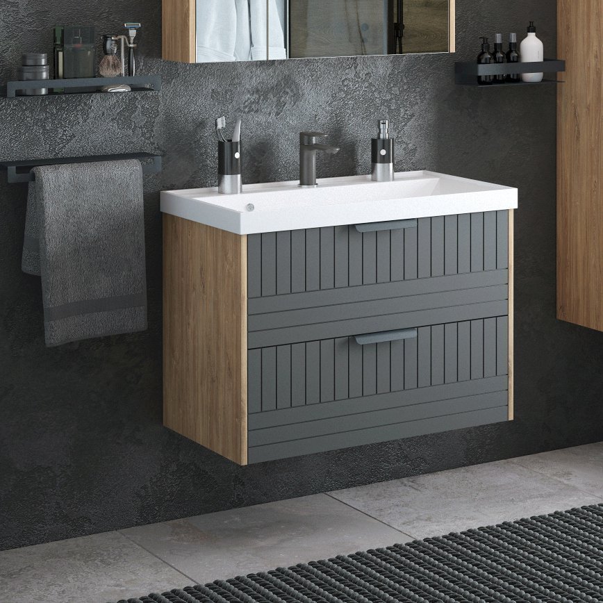 

Тумба с раковиной Corozo Инди 80 подвесная, дуб канзас, графит